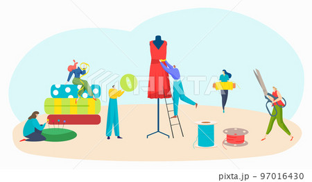 Fashion tailor work, handicraft concept, vector illustration, flat tiny man woman character designer sewing clothes together, guy decorate dress Fashion tailor work, handicraft concept, vector illustration, flat tiny man woman character designer sewing clothes together, guy decorate dress 97016430