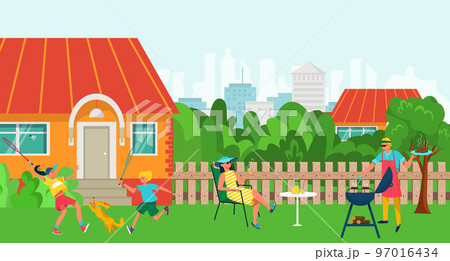 Barbecue party at family backyard, vector illustration, flat man woman character have picnic together, outdoor leisure with father, mother 97016434