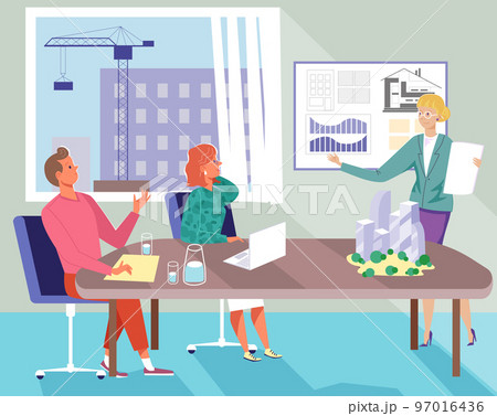 Architect work with project, vector illustration, flat people engineer character team discuss building design in office, construction plan. 97016436