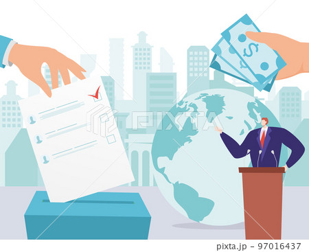 Election candidate give money for vote, corruption concept vector illustration, huge voter character hand put poll document form in box. Election candidate give money for vote, corruption concept vector illustration, huge voter character hand put poll document form in box. 97016437