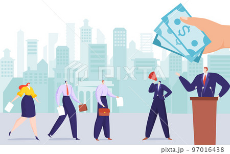 Election corruption, vector illustration,flat man politician candidate stand at podium, assistant with loudspeaker call people voter Election corruption, vector illustration,flat man politician candidate stand at podium, assistant with loudspeaker call people voter 97016438