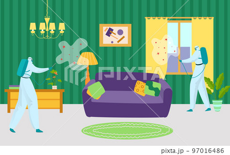 Chemical protection service against coronavirus, vector illustration, disinfection with spray, safety from infection pandemic disease at home. 97016486