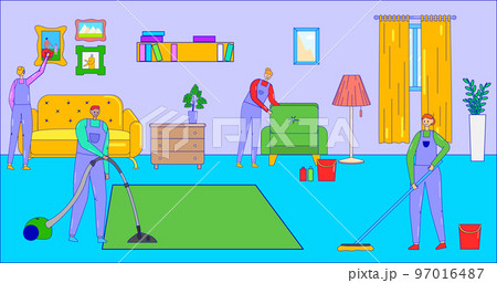 Service for house apartment cleaning, vector illustration, flat people cleaner character in professional uniform make housework together. 97016487