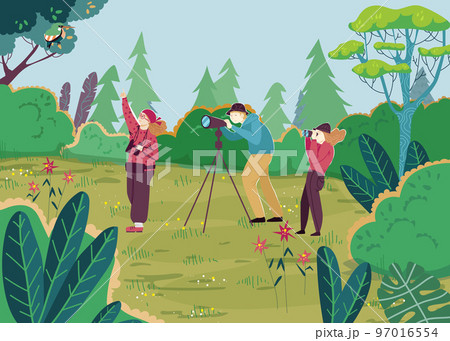 Watch bird at nature, vector illustration, flat man woman character hobby outdoor, person travel at wild landscape, use binoculars. Watch bird at nature, vector illustration, flat man woman character hobby outdoor, person travel at wild landscape, use binoculars. 97016554