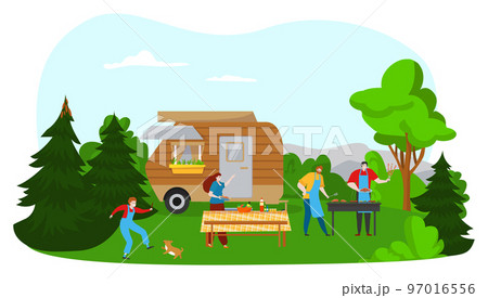 Bbq party, summer picnic with food outdoor, vector illustration, flat people character cook meat at grill, family together at barbecue. 97016556