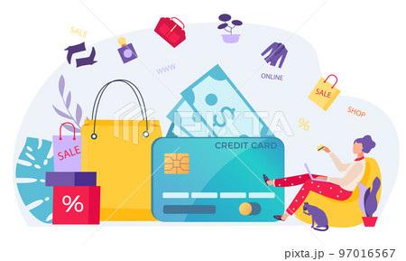 Online payment concept, vector illustration, flat tiny woman character use credit card at sale, make purchase in laptop, buy clothes icon online. 97016567