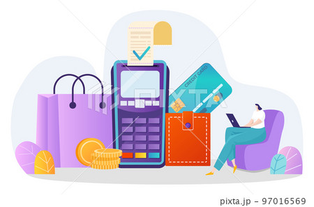 Payment at laptop online, vector illustration. Flat tiny woman character sit near huge terminal, pay money, use credit card for cashless transfer. 97016569