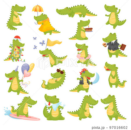 Crocodile Cute Character Engaged in Different Activity Big Vector Set 97016602