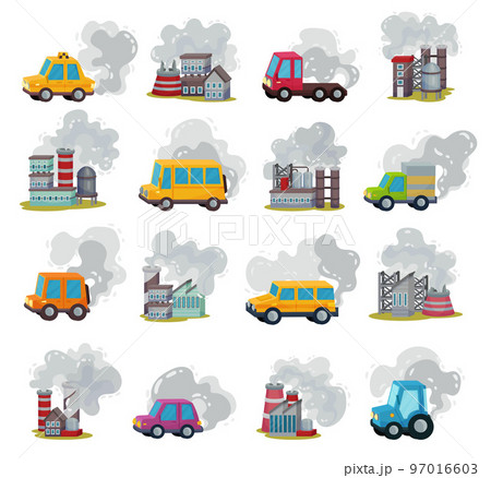 Car and Plants Emitting Smoke as Air Pollution Source Big Vector Set 97016603