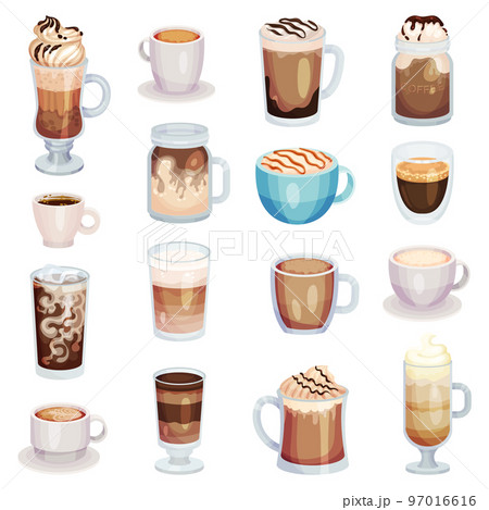 Coffee in Glass and Cups with Foam and Whipped Cream Top Big Vector Set Coffee in Glass and Cups with Foam and Whipped Cream Top Big Vector Set 97016616