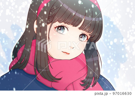 雪降る中でカチューシャとマフラーをした女の子 服 紺 マフラー 濃いピンク 髪 黒 左右反転版のイラスト素材