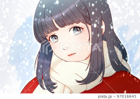 雪降る中でマフラーをした女の子　服=赤、マフラー=乳白、髪=ネイビー 97016645