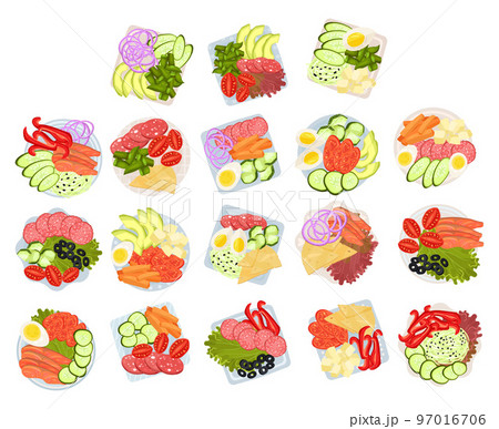 Sliced and Cut Vegetables, Wurst, Cheese and Fish Served on Plate Above View Big Vector Set Sliced and Cut Vegetables, Wurst, Cheese and Fish Served on Plate Above View Big Vector Set 97016706