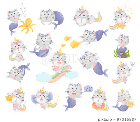 Cute Cat Mermaid with Fish Tail and Unicorn with Horn and Rainbow Tail Big Vector Set Cute Cat Mermaid with Fish Tail and Unicorn with Horn and Rainbow Tail Big Vector Set 97016887