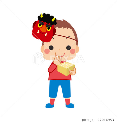 節分の豆を食べている赤鬼のお面をつけた可愛い小さな男の子のイラスト　節分　白背景　人物 97016953