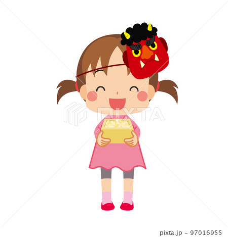 節分の豆を持っている赤鬼のお面をつけた可愛い小さな女の子のイラスト　節分　白背景　人物 97016955