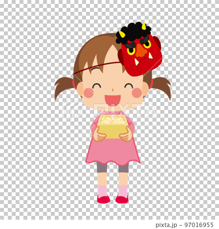 節分の豆を持っている赤鬼のお面をつけた可愛い小さな女の子のイラスト　節分　白背景　人物 97016955