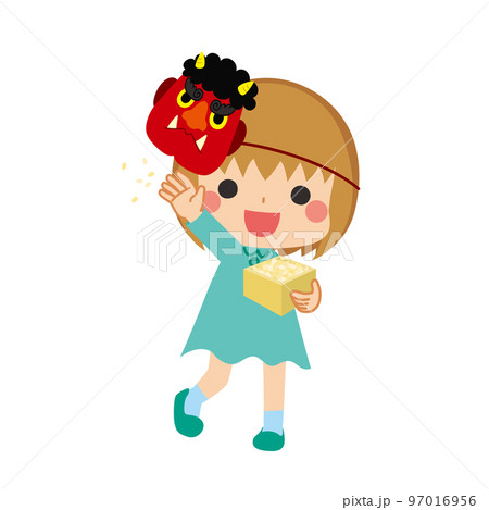 節分の豆を投げている赤鬼のお面をつけた可愛い小さな女の子のイラスト 節分 白背景 人物 節分の豆を投げている赤鬼のお面をつけた可愛い小さな女の子のイラスト 節分 白背景 人物 97016956