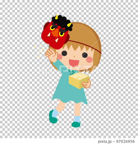 Illustration of a cute little girl wearing a red ogre mask throwing beans for Setsubun Setsubun white background people Illustration of a cute little girl wearing a red ogre mask throwing beans for Setsubun Setsubun white background people 97016956