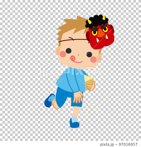 Illustration of a cute little boy wearing a red ogre mask who is sowing beans, Setsubun, white background, person 97016957