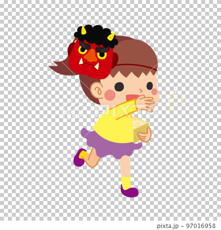 Illustration of a cute little girl wearing a red ogre mask who is sowing beans, Setsubun, white background, person Illustration of a cute little girl wearing a red ogre mask who is sowing beans, Setsubun, white background, person 97016958