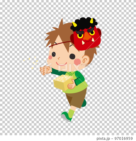Illustration of a cute little boy wearing a red ogre mask who is sowing beans, Setsubun, white background, person Illustration of a cute little boy wearing a red ogre mask who is sowing beans, Setsubun, white background, person 97016959