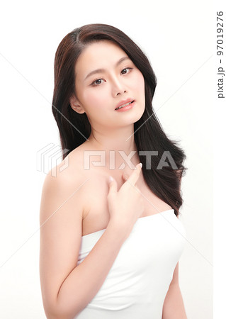 Beautiful young asian woman with clean fresh skin on white background, Face care, Facial treatment, Cosmetology, beauty and spa, Asian women portrait. 97019276