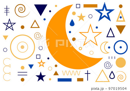 A set of aesthetic and modern Astrology minimalistic linear illustrations of the sun, moon, stars, geometric elements 97019504