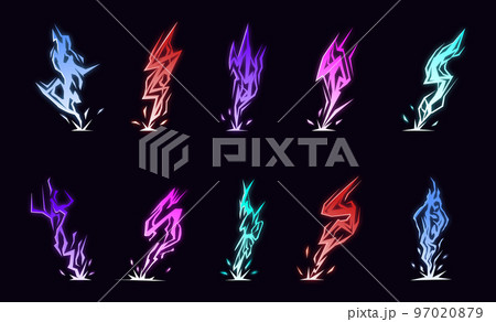 Lightning animation set with sparks. Cartoon lightning effect. Thunderbolt strike comic sprite asses for 2D game 97020879