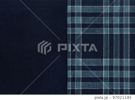 年代モノの藍染め、濃い目の生地と格子模様のつなぎ 年代モノの藍染め、濃い目の生地と格子模様のつなぎ 97021185