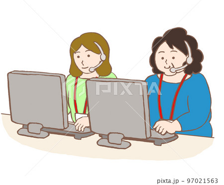 コールセンターでアルバイトをする女性たちのイラスト 97021563
