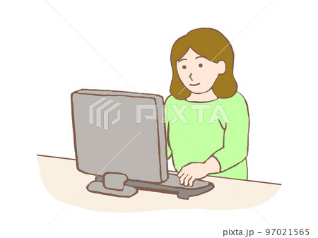デスクトップパソコンを操作する若い女性のイラスト 97021565