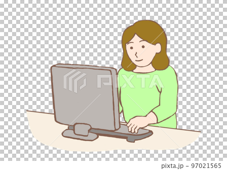 デスクトップパソコンを操作する若い女性のイラスト 97021565