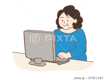 デスクトップパソコンを操作する中年女性のイラスト 97021567