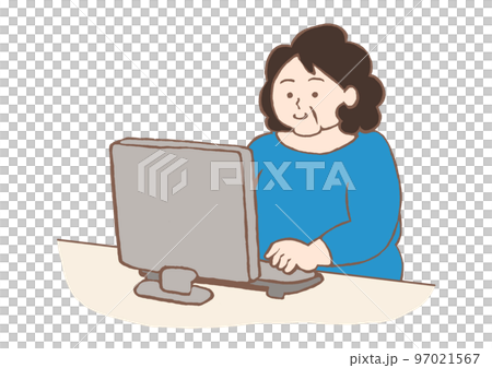 デスクトップパソコンを操作する中年女性のイラスト 97021567
