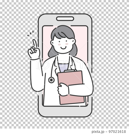 スマホでオンライン診療案内をする女医 97021618