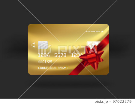 Golden banking card with present ribbon. 3d vector illustration 97022279