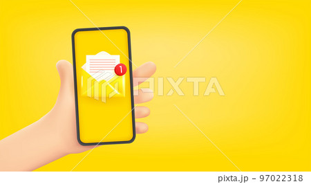 Man holding smartphone with new email. 3d vector banner with copy space Man holding smartphone with new email. 3d vector banner with copy space 97022318