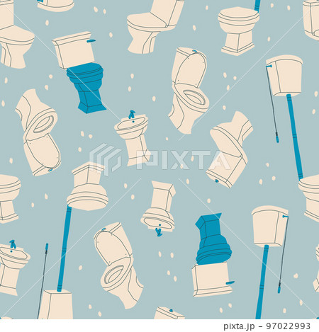 Vector seamless pattern with different toilets bowls and bidets. Repetitive toilet furniture for hygiene. Items for the bathroom. Vector seamless pattern with different toilets bowls and bidets. Repetitive toilet furniture for hygiene. Items for the bathroom. 97022993