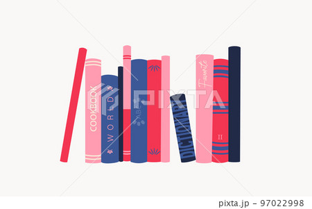 Book spines. Bookshelf with various books. Vector isolated illustration on white background. 97022998