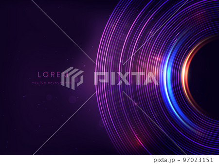 Abstract technology futuristic neon circle lines glowing blue and red light lines with speed motion blur effect on dark purple background. Abstract technology futuristic neon circle lines glowing blue and red light lines with speed motion blur effect on dark purple background. 97023151