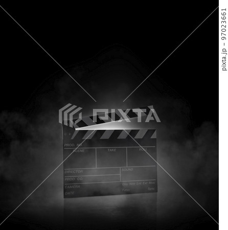 Movie clapper board on black background with smoke 97023661