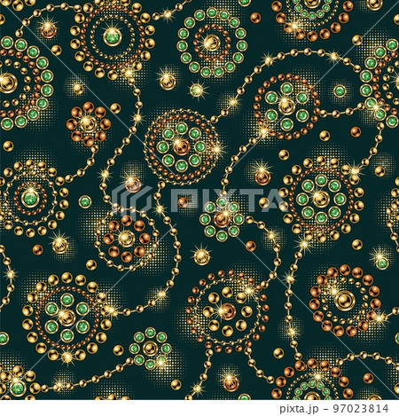 Seamless pattern with round jewelry ornaments in vintage style. Gold elements with green gems. Vector illustration. Good for clothing, apparel, fabric, textile, surface design. Seamless pattern with round jewelry ornaments in vintage style. Gold elements with green gems. Vector illustration. Good for clothing, apparel, fabric, textile, surface design. 97023814