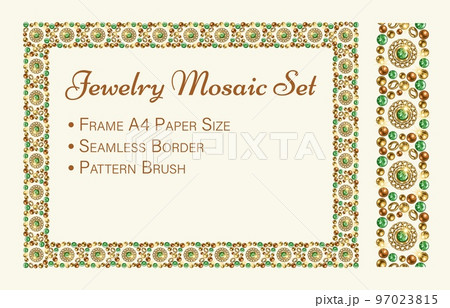 Jewelry set with rectangular mosaic frame, seamless border, pattern brush. Gold, bronze elements, green gems Can be used for poster, invitation, greeting card, menu etc Vintage style, white bakcground Jewelry set with rectangular mosaic frame, seamless border, pattern brush. Gold, bronze elements, green gems Can be used for poster, invitation, greeting card, menu etc Vintage style, white bakcground 97023815