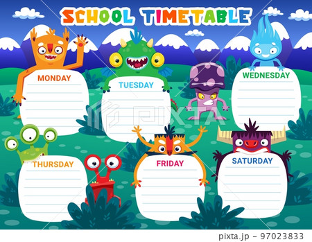 Education timetable schedule monster characters. Vector school weekly planner template with cartoon aliens and funny mutant personages. Kids time table, lessons organizer frame, list for classes 97023833