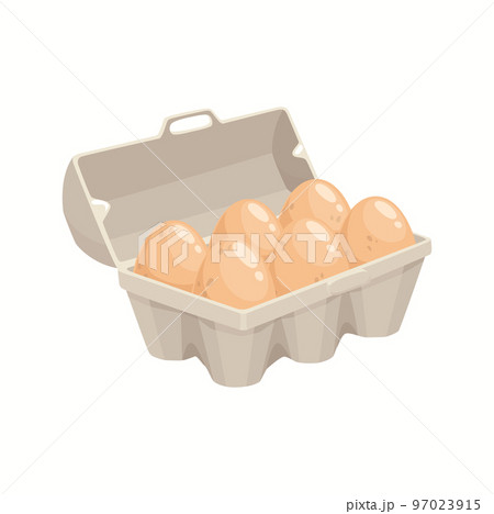 Cartoon eggs in tray isolated vector chicken eggs in carton box on white background. Cardboard package with brown eggs, angle view, farm production retail Cartoon eggs in tray isolated vector chicken eggs in carton box on white background. Cardboard package with brown eggs, angle view, farm production retail 97023915