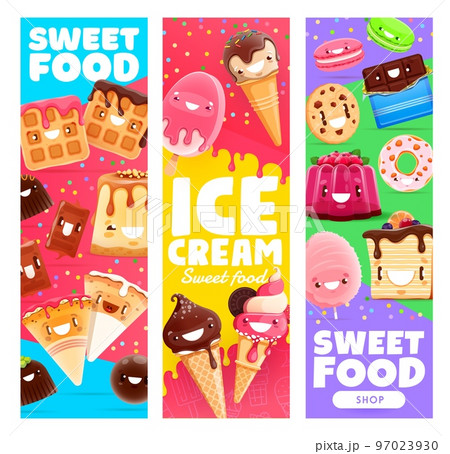 Ice cream, bakery and dessert cartoon characters. Vector banners with cute chocolate, wafer, candy cotton, toffee or pie with jelly, pudding and cake or cheesecake. Kawaii donut, cookie and macaroon Ice cream, bakery and dessert cartoon characters. Vector banners with cute chocolate, wafer, candy cotton, toffee or pie with jelly, pudding and cake or cheesecake. Kawaii donut, cookie and macaroon 97023930