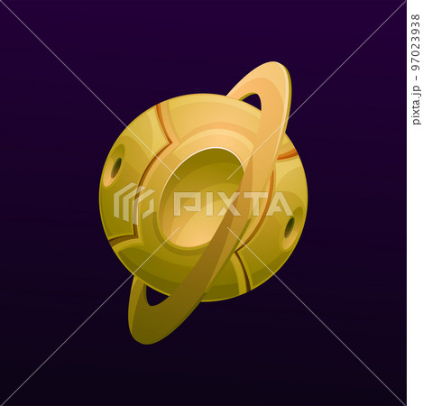 Metal cyber planet with ring. Aliens space base, cartoon vector futuristic spaceship or artificial planet with gold color metal surface, holes on poles and ring on orbit. Game UI space robotic world Metal cyber planet with ring. Aliens space base, cartoon vector futuristic spaceship or artificial planet with gold color metal surface, holes on poles and ring on orbit. Game UI space robotic world 97023938