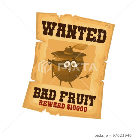 Western wanted poster with fruit robber, Wild West bandit placard, cartoon vector. Wanted dead or alive reward poster with funny apple or ranger fruit in western bandit mask, cowboy hat with gun 97023940
