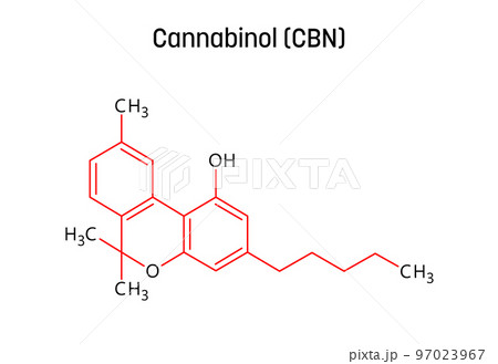 Cannabinol, or CBN, molecular structure. Cannabinol is mildly psychoactive cannabinoid extracted from cannabis. Vector structural formula of chemical compound with red bonds and black atom labels. 97023967
